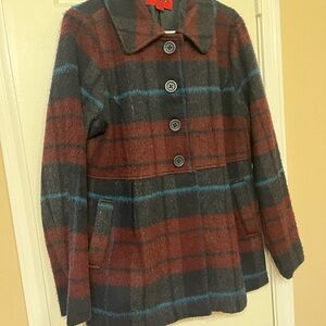 CoffeeShop Burgundy & Black Plaid Button-Front Coat